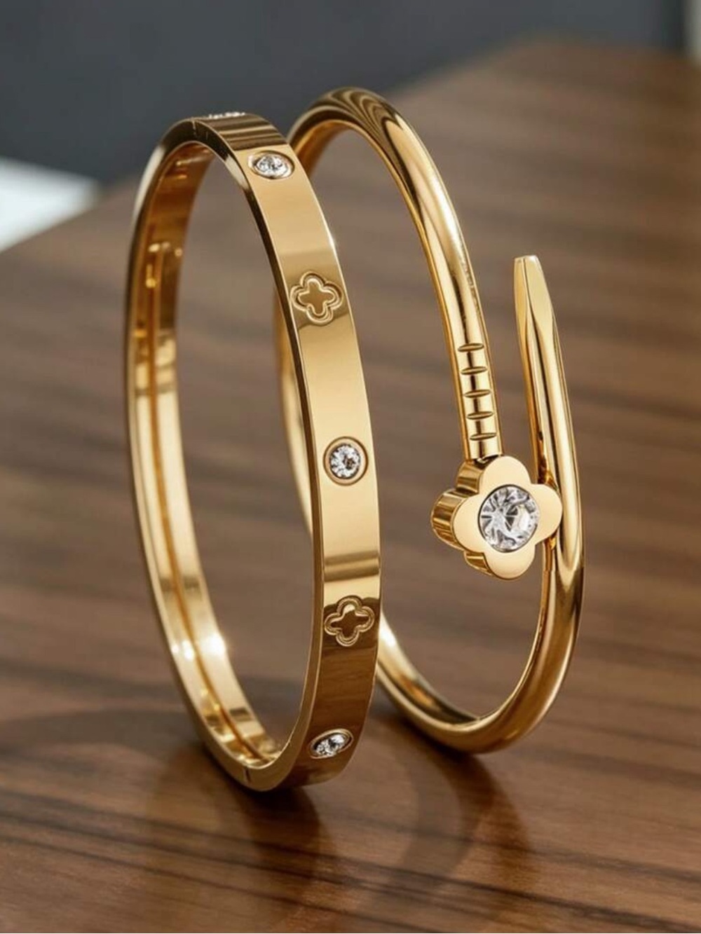 Gold Crystal Accent Women's Bracelet Set - Classic Floral Motif